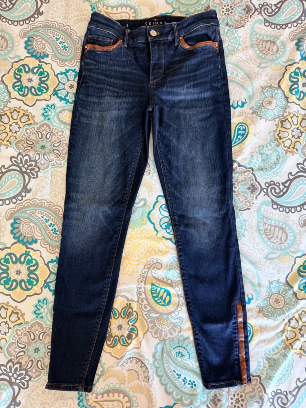 White House Black Market Dark Blue Skinny Jeans with Brown Trim zipper ankle